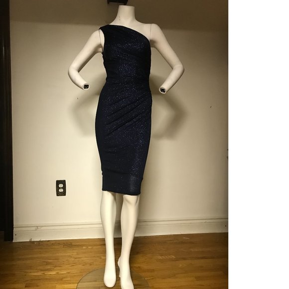Le Chateau Navy Blue stretchy shiny sparkle metallic one shoulder dress NWT - Picture 1 of 8